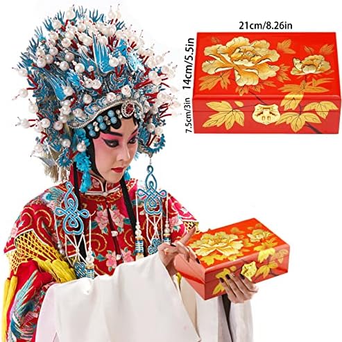 Китайската класическа кутия-органайзер за бижута ръчна изработка, китайски подарък, ретро съкровище, лакирани дървени ковчег за тоалетни принадлежности, Антични slr финансирани памет с пионом за жени, естетичен японски