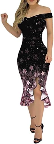 Лятна рокля за жените сексуалната Boho цветни колани с открити рамене срещу врата Bodycon рюшами нередовни подгъва midi рокля на клуба