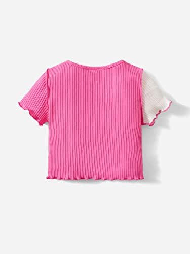 Потници-тениски от рубчатого трикотаж MakeMeChic Baby гърлс Color Block С покритие във формата на листа зелена салата с Къс ръкав