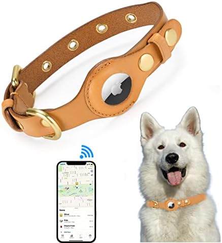 Кожен нашийник за кучета JIPIMON с притежателя на Airtag, Предотвратява Загубата Регулируема Удобен Нашийник за кучета Apple Air tag от естествена кожа