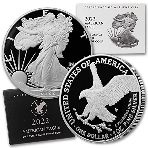 Монета американски сребърен орел 2022 година с тегло 1 тройунция (PF - в капсула) със сертификат за автентичност и оригинална кутия на Монетния двор на САЩ на стойност 1