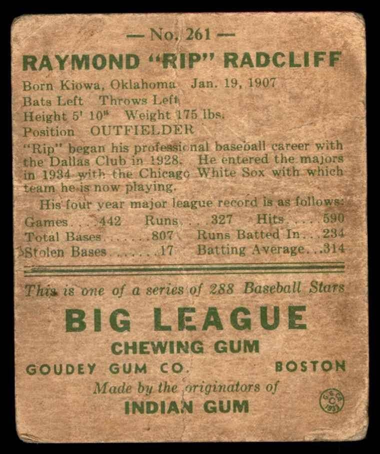 1938 Гуди Хедс-ъп 261 / 285 Изтръгнат Радклиф, Чикаго Уайт Сокс (бейзболна картичка) (Фон може да бъде проста или с карикатурой) АВТЕНТИЧНИ Уайт Сокс