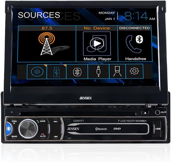 JENSEN CDR171 7-инчов AM / FM-мотор Панти led Мултимедиен сензорен екран, Кола стерео един Din | CD и DVD плейър | Push-to-Talk Assistant | Bluetooth | Вход за резервна камера | USB порт и 3.5 мм AUX-входов?