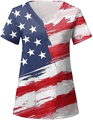Ризи 4 Юли за Жени с Флага на САЩ, Лятна Тениска с Къс ръкав и V-образно деколте и 2 Джобове, Блузи, Празнична Ежедневни работни Дрехи