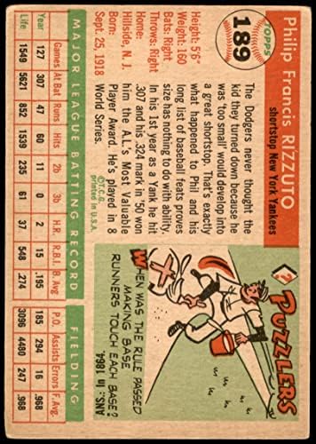 1955 Topps 189 Фил Риццуто Ню Йорк Янкис (Бейзболна картичка) ДОБРИ Янкис