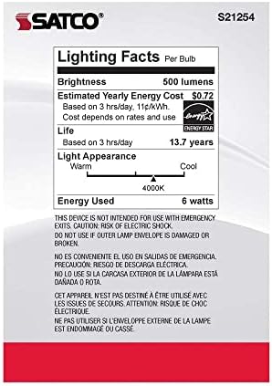 Satco S21254/06 6-Ваттные led лампи E26, 4000 До, живот 15000 часа, С регулируема яркост, 6 Бр.