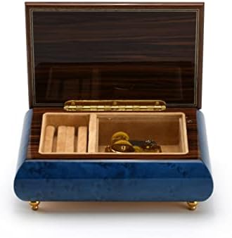 Прекрасна музикална ковчег с дървена инкрустация на 30 бележки от тъмно синьо в цветна тема на много песни по избор