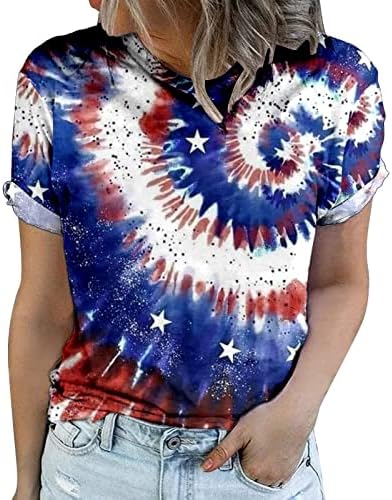 Ризи с Къс ръкав за Момичета с Кръгло Деколте, Деня на Независимостта на САЩ, Графичен Обяд, Вратовръзка-Боя се, Блузи, Ризи, Жените OS