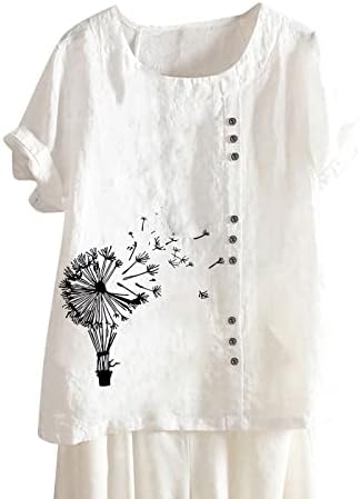 Жена Памук Лен Топ с Къс ръкав, Лятна Однотонная Тениска с кръгло деколте, Реколта Риза Голям Размер, Ежедневни Свободна Блуза