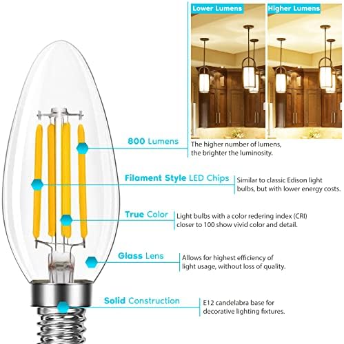 Led лампи LUXRITE в 16 канделябрах, което е еквивалента на 100 W, 800 Лумена, топъл бял цвят 2700 К, 7 W, Лампи за полилеи с регулируема яркост B11, Изчислени на влажността, Прозрачен