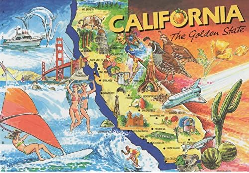 Реколта Калифорния картичка Lunch Пари от 3 пощенски картички с изображение на моста Голдън Гейт, Muir Woods, залез Малибу, табели, Холивуд, Бевърли Хилс, лозята на Напа вал?
